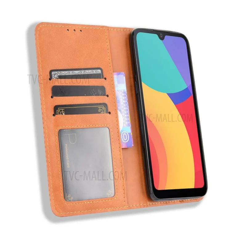 Capa de Telefone Celular de Couro com Fecho Magnético e Suporte, Estilo Vintage, para Alcatel 1L (2021) - Marrom