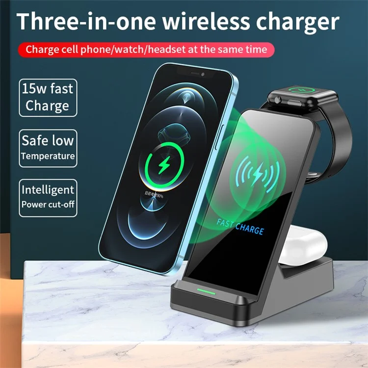 H15 3 in 1 Wireless Charger 15W Qi Fast Charging Station for iPhone/Apple Watch/AirPods - Black