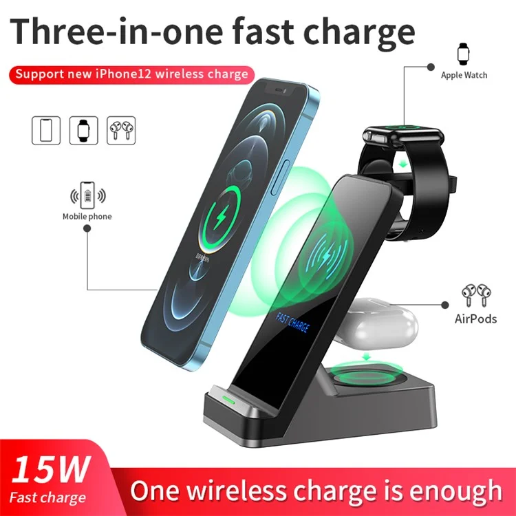 H15 3 in 1 Wireless Charger 15W Qi Fast Charging Station for iPhone/Apple Watch/AirPods - Black