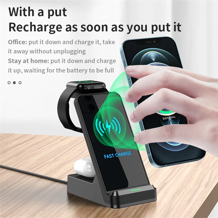 H15 3 in 1 Wireless Charger 15W Qi Fast Charging Station for iPhone/Apple Watch/AirPods - Black