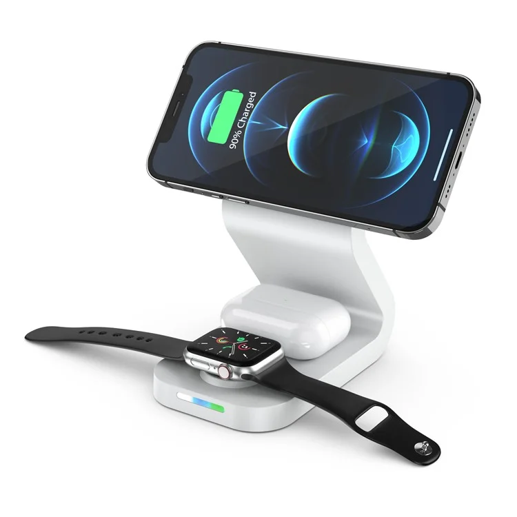 B16 15W 3-em 1 qi Magnetic Wireless Charger Desktop Desktop Charging Stand Dock Para Iphone 12 Series/iwatch/airpods Pro - Branco