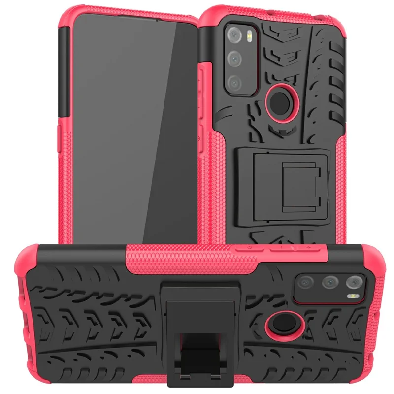 For Alcatel 3L (2021) Tire Texture Phone Case Kickstand Scratch Resistant Shockproof Dual Layer Combo PC + TPU Protective Back Cover - Rose