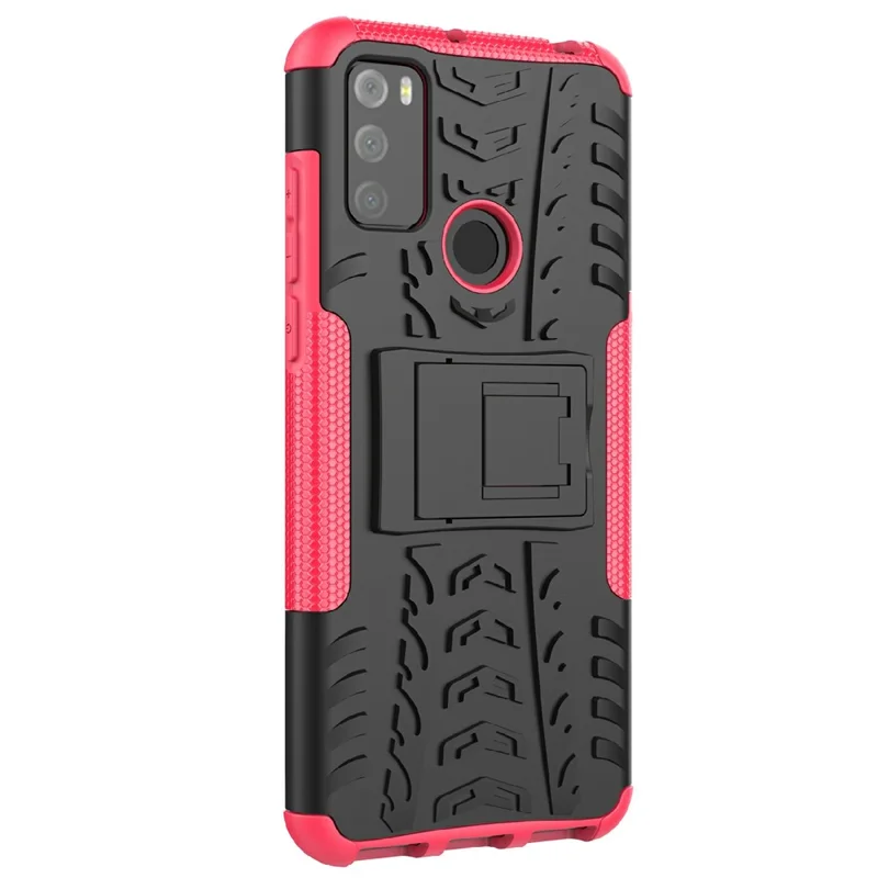 For Alcatel 3L (2021) Tire Texture Phone Case Kickstand Scratch Resistant Shockproof Dual Layer Combo PC + TPU Protective Back Cover - Rose