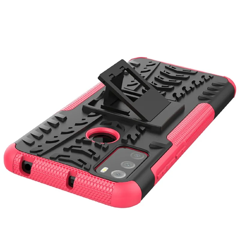 For Alcatel 3L (2021) Tire Texture Phone Case Kickstand Scratch Resistant Shockproof Dual Layer Combo PC + TPU Protective Back Cover - Rose