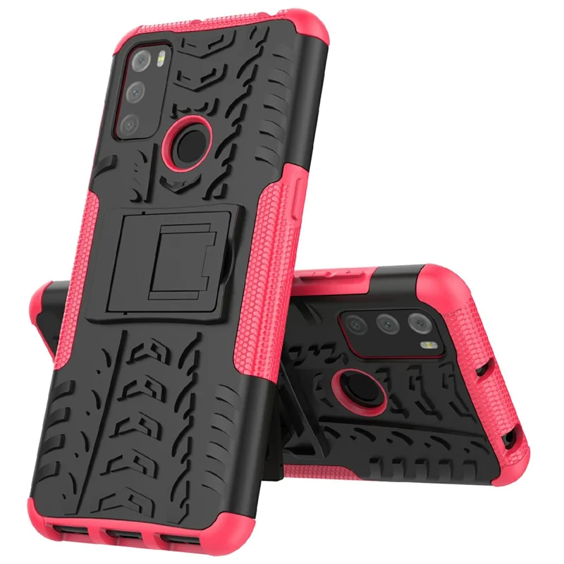 For Alcatel 3L (2021) Tire Texture Phone Case Kickstand Scratch Resistant Shockproof Dual Layer Combo PC + TPU Protective Back Cover - Rose
