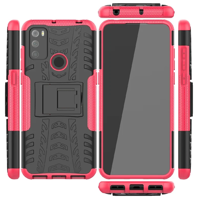 For Alcatel 3L (2021) Tire Texture Phone Case Kickstand Scratch Resistant Shockproof Dual Layer Combo PC + TPU Protective Back Cover - Rose