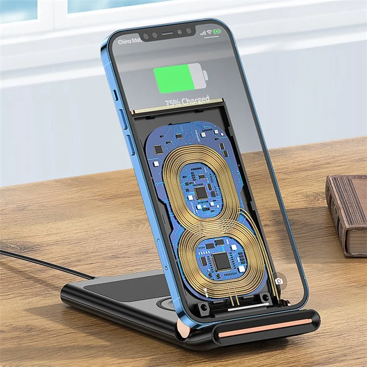 Kuulaa 3 In 1 15w Drahtlos Ladegerät Spiegel Einstellbar Telefonständer Faltende Ladedock Multifunktionsladestation Für IPhone Apple Watch Airpods Pro