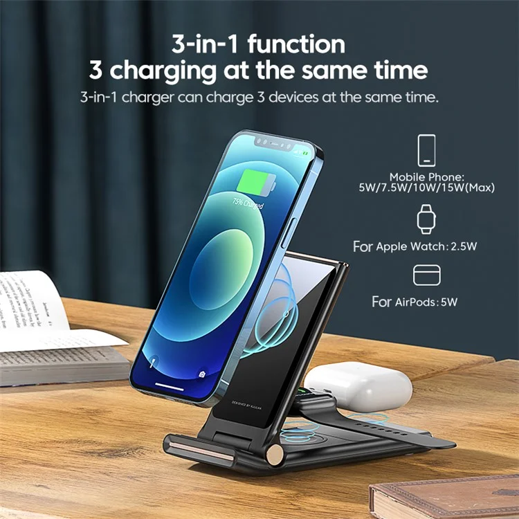 KUULAA 3 in 1 15W Wireless Charger Mirror Adjustable Phone Stand Folding Charging Dock Multi-function Charging Station for iPhone Apple Watch Airpods Pro