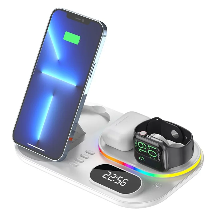 A06 4 in 1 Mobile Phone Charging Dock Multi-Functional Wireless Charger with Clock Display / RGB Light (For Apple) - White
