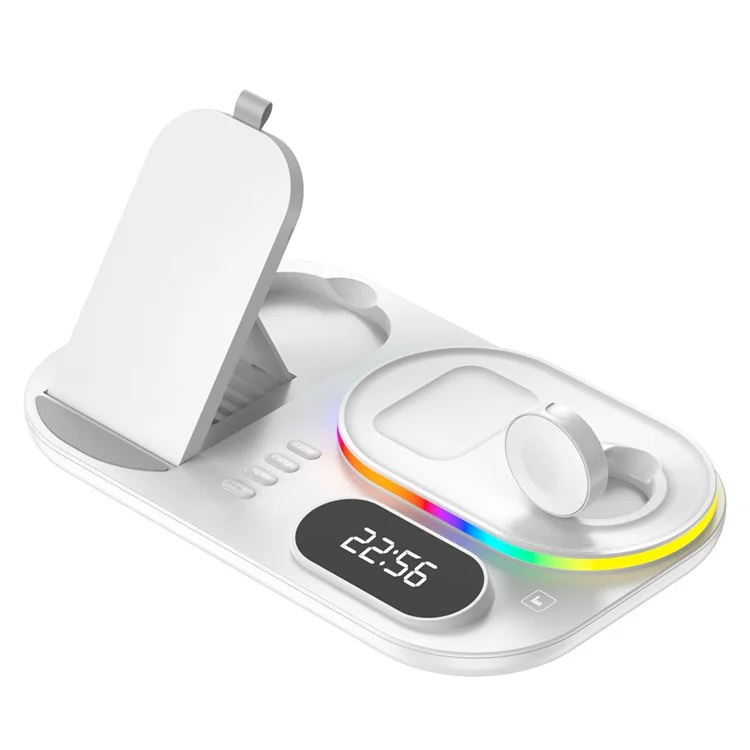 A06 4 Sur 1 Téléphone Mobile Fast Wireless Charger Dock de Charge Multifonctionnel Avec Affichage D'horloge / Lumière Rvb - Blanche