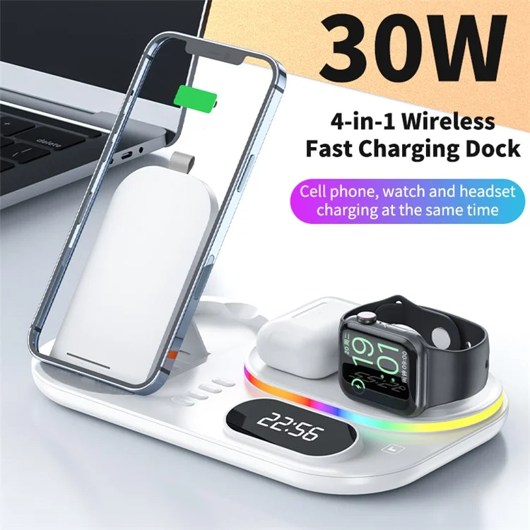 A06 4 Sur 1 Téléphone Mobile Fast Wireless Charger Dock de Charge Multifonctionnel Avec Affichage D'horloge / Lumière Rvb - Blanche