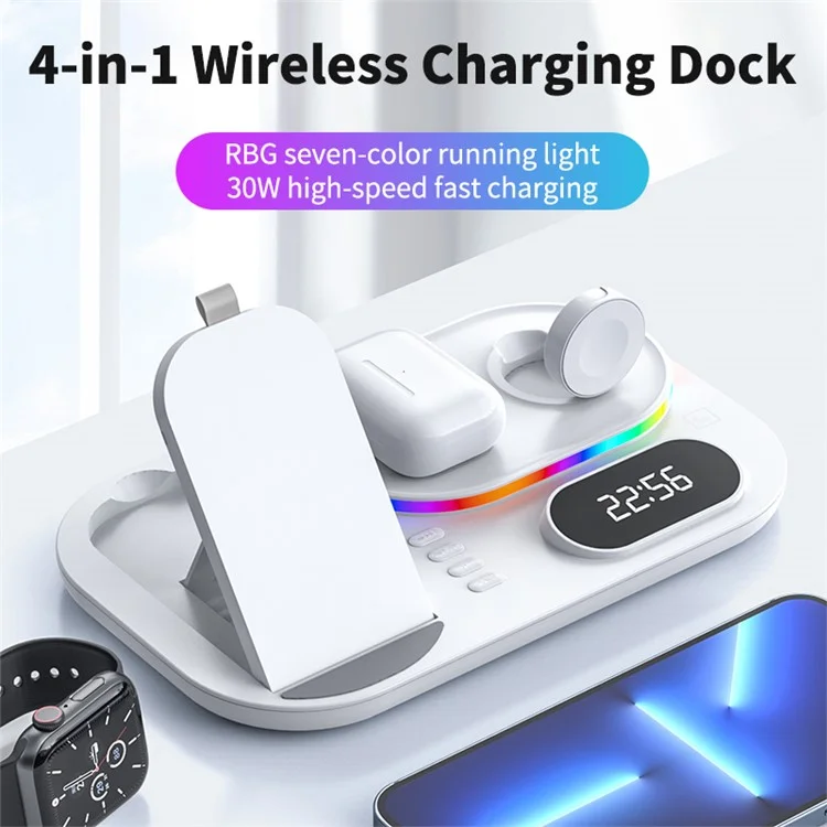 A06 4 Sur 1 Téléphone Mobile Fast Wireless Charger Dock de Charge Multifonctionnel Avec Affichage D'horloge / Lumière Rvb - Blanche