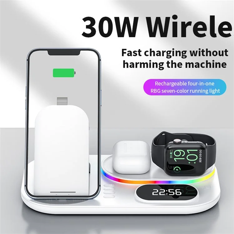 A06 4 Sur 1 Téléphone Mobile Fast Wireless Charger Dock de Charge Multifonctionnel Avec Affichage D'horloge / Lumière Rvb - Blanche