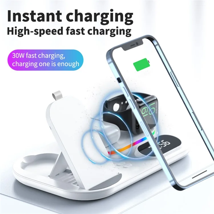 A06 4 Sur 1 Téléphone Mobile Fast Wireless Charger Dock de Charge Multifonctionnel Avec Affichage D'horloge / Lumière Rvb - Blanche