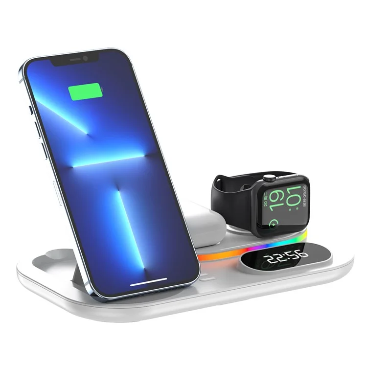 A06 4 Sur 1 Téléphone Mobile Fast Wireless Charger Dock de Charge Multifonctionnel Avec Affichage D'horloge / Lumière Rvb - Blanche