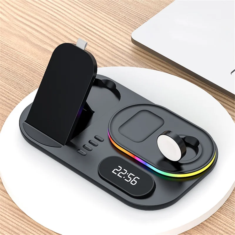 A06 4 in 1 Mobile Phone Charging Dock Multi-Functional Wireless Charger with Clock Display / RGB Light (For Apple) - Black