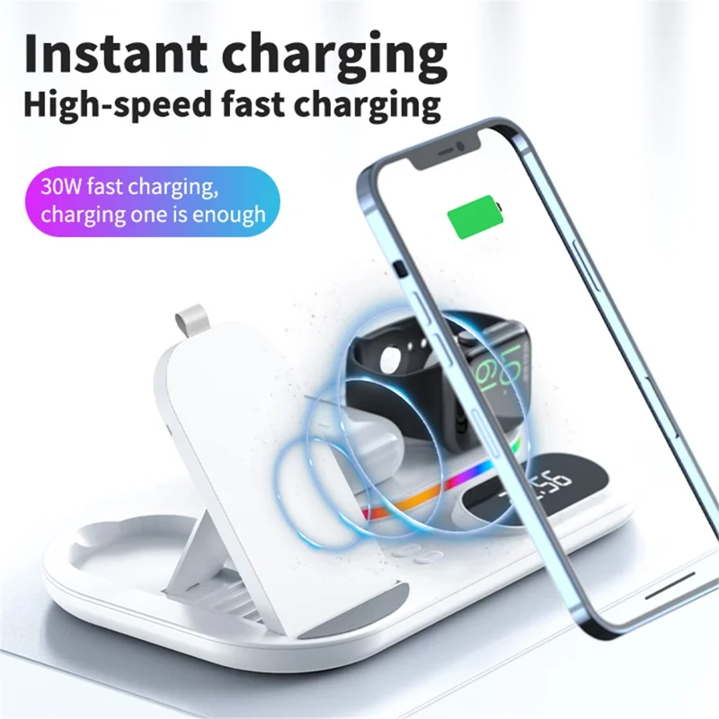 A06 4 in 1 Mobile Phone Charging Dock Multi-Functional Wireless Charger with Clock Display / RGB Light (For Apple) - Black