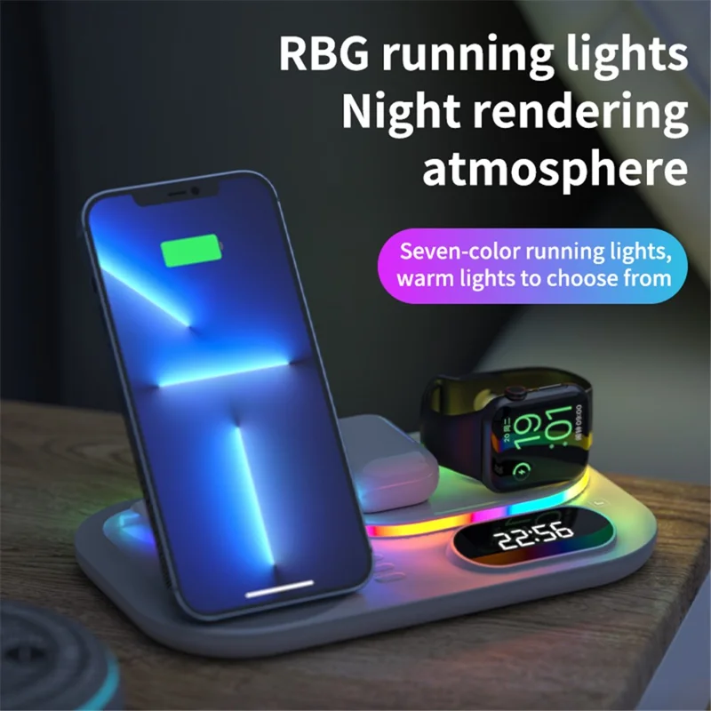 A06 4 in 1 Mobile Phone Charging Dock Multi-Functional Wireless Charger with Clock Display / RGB Light (For Apple) - Black
