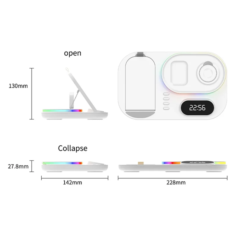 A06 4 in 1 Mobile Phone Charging Dock Multi-Functional Wireless Charger with Clock Display / RGB Light (For Apple) - Black