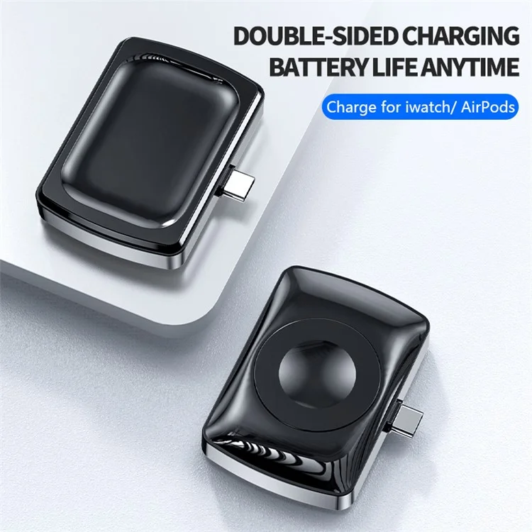 JJT-997 2 in 1 Watch Charger Wireless Charger Type-C Dock de Charge Sans Fil Double Face Pour Apple Watch 1-7 / se Série / Airpods 2/3 / Pro - le Noir