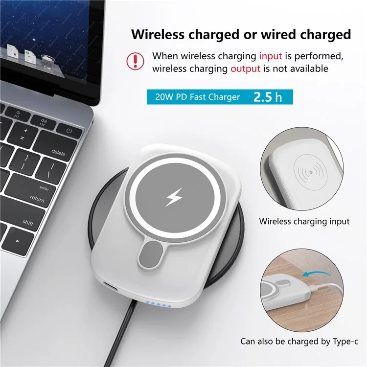 K-02 Portable 10000mah Bank Bank 15W Bast Phone Wireless Charger Внешнее Аккумулятор. Поддержка Двусторонней Зарядки Для Iphone 12 / 13 Серий - Белый