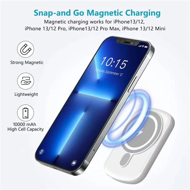 K-02 Portable 10000mah Bank Bank 15W Bast Phone Wireless Charger Внешнее Аккумулятор. Поддержка Двусторонней Зарядки Для Iphone 12 / 13 Серий - Белый