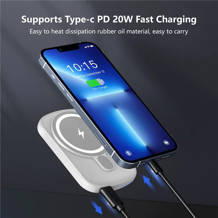 K-02 Portable 10000mah Bank Bank 15W Bast Phone Wireless Charger Внешнее Аккумулятор. Поддержка Двусторонней Зарядки Для Iphone 12 / 13 Серий - Белый