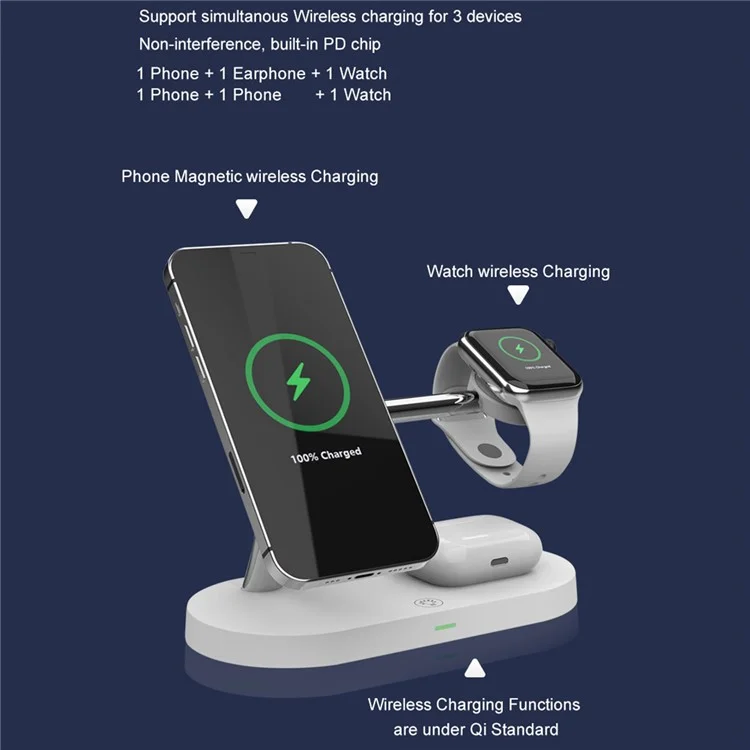 T268C 4 in 1 15W Max Magnetic Wireless Charger with LED Night Light for iPhone 13/12 Apple Watch AirPods Pro - White