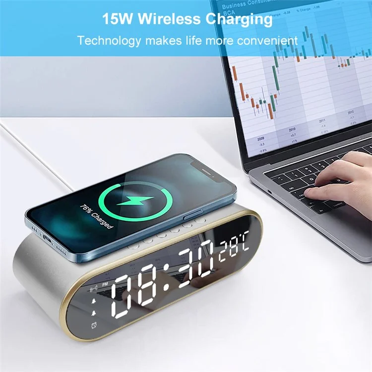 W628 Réveil 15W Chargeur Sans Fil Thermomètre Calendrier Snooze Fonctions Alarme - Argent