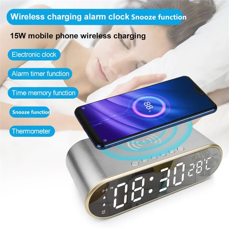 W628 Alarm Clock 15W Wireless Charger Thermometer Calendar Snooze Functions Alarm - Silver