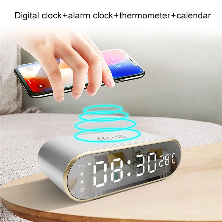 W628 Réveil 15W Chargeur Sans Fil Thermomètre Calendrier Snooze Fonctions Alarme - Argent