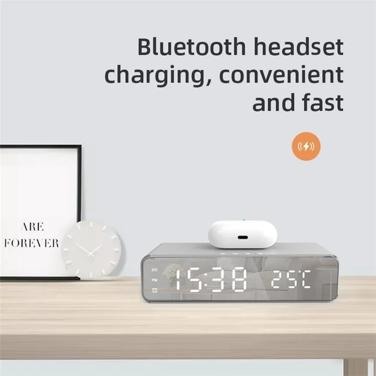 HYY-WX03 Multifunctional Desktop LED Digital Display Alarm Clock Mirror Surface Thermometer with Wireless Charger Function - Silver