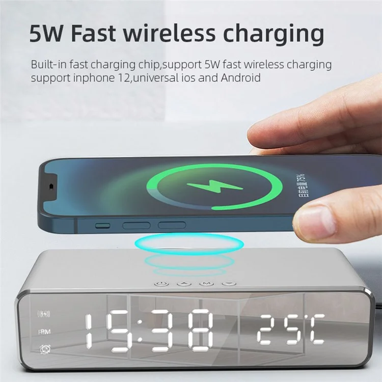 HYY-WX03 Multifunctional Desktop LED Digital Display Alarm Clock Mirror Surface Thermometer with Wireless Charger Function - Silver