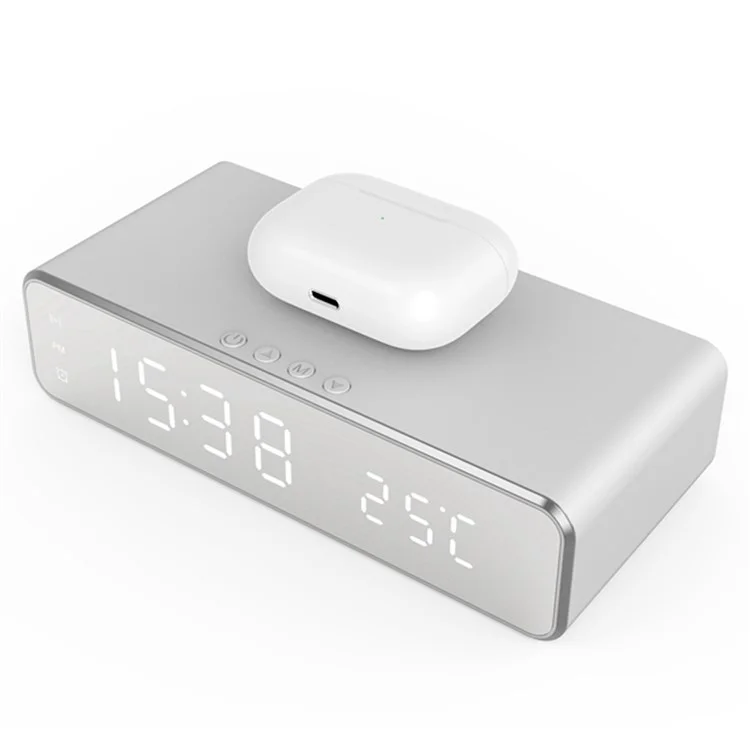 HYY-WX03 Multifunctional Desktop LED Digital Display Alarm Clock Mirror Surface Thermometer with Wireless Charger Function - Silver