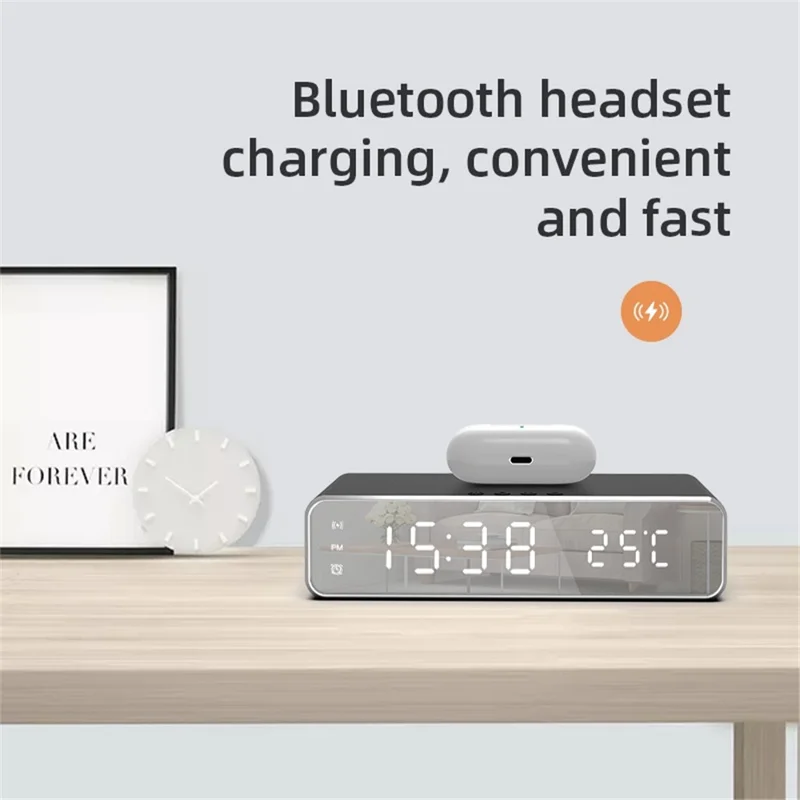 HYY-WX03 Multifunctional Desktop LED Digital Display Alarm Clock Mirror Surface Thermometer with Wireless Charger Function - Black