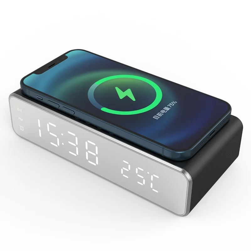 HYY-WX03 Multifunctional Desktop LED Digital Display Alarm Clock Mirror Surface Thermometer with Wireless Charger Function - Black