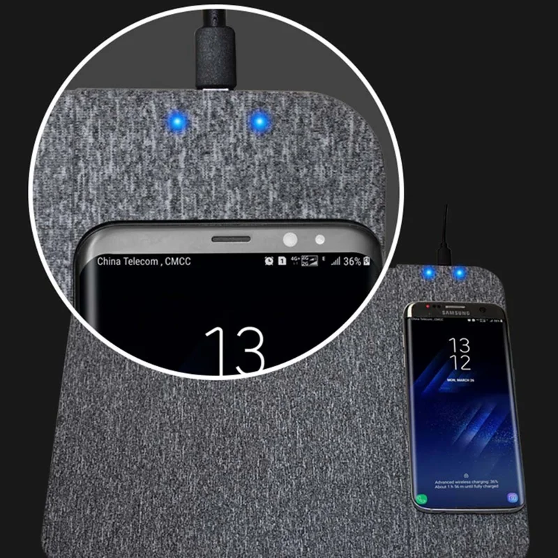 Multifunctional 10W Qi Wireless Charging Mouse Pad Cloth Texture Non-Slip Mouse Mat with Indicator Light for Home Office - Blue