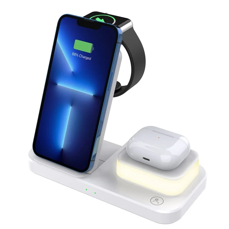 C500 4 en 1 Chargeur sans fil pliable 15W Lampe de nuit pour téléphone Apple, montre et écouteurs - Blanc