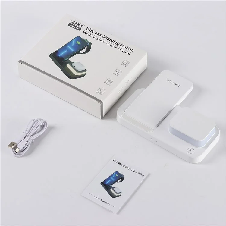 C500 4 in 1 Foldable 15W Wireless Charger Night Light for Apple Phone Watch Headphones - White