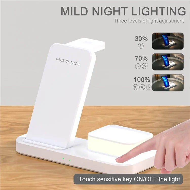 C500 4 en 1 Chargeur sans fil pliable 15W Lampe de nuit pour téléphone Apple, montre et écouteurs - Blanc