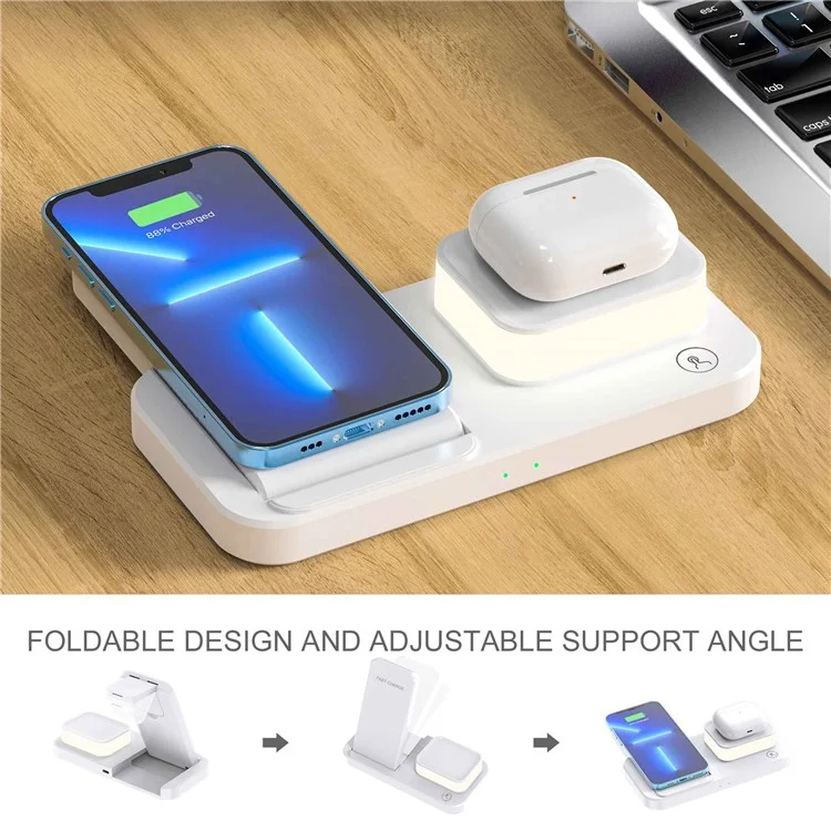 C500 4 in 1 Foldable 15W Wireless Charger Night Light for Apple Phone Watch Headphones - White