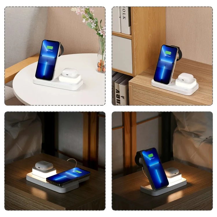 C500 4 in 1 Foldable 15W Wireless Charger Night Light for Apple Phone Watch Headphones - White