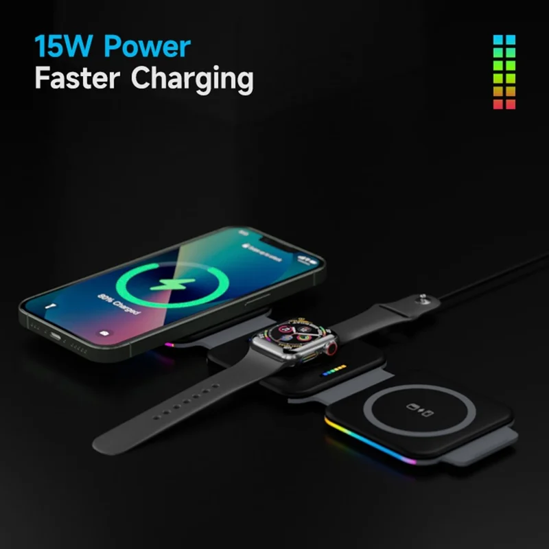 F21 Foldable 3-in-1 Multi-Function 15W Magnetic Wireless Charger with Flashy Atmosphere Light Wireless Charging Station - White