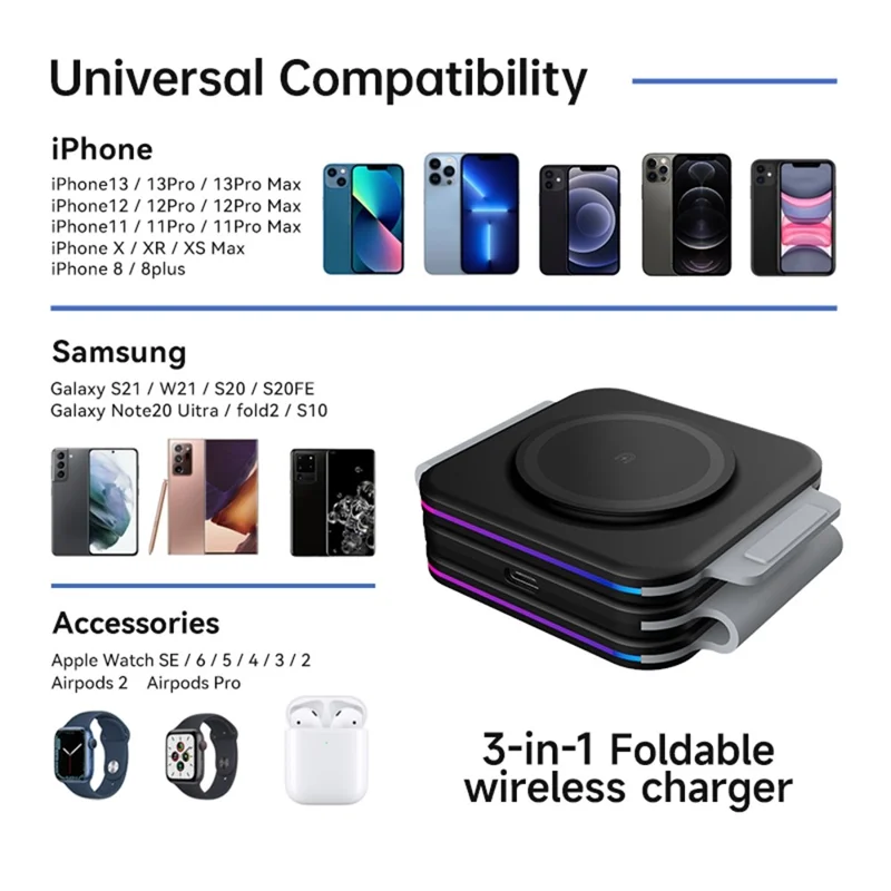 F21 Foldable 3-in-1 Multi-Function 15W Magnetic Wireless Charger with Flashy Atmosphere Light Wireless Charging Station - White