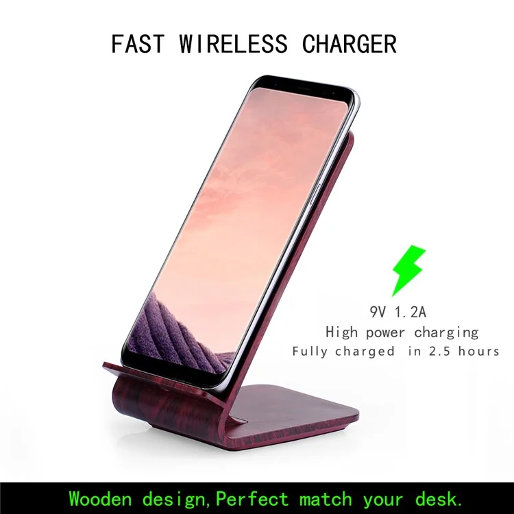 A8 10W Fast Charge Qi Wireless Charging Charger Stand Wooden for iPhone 8/8 Plus/Samsung Galaxy S8/S7/S6 Etc - Wine Red