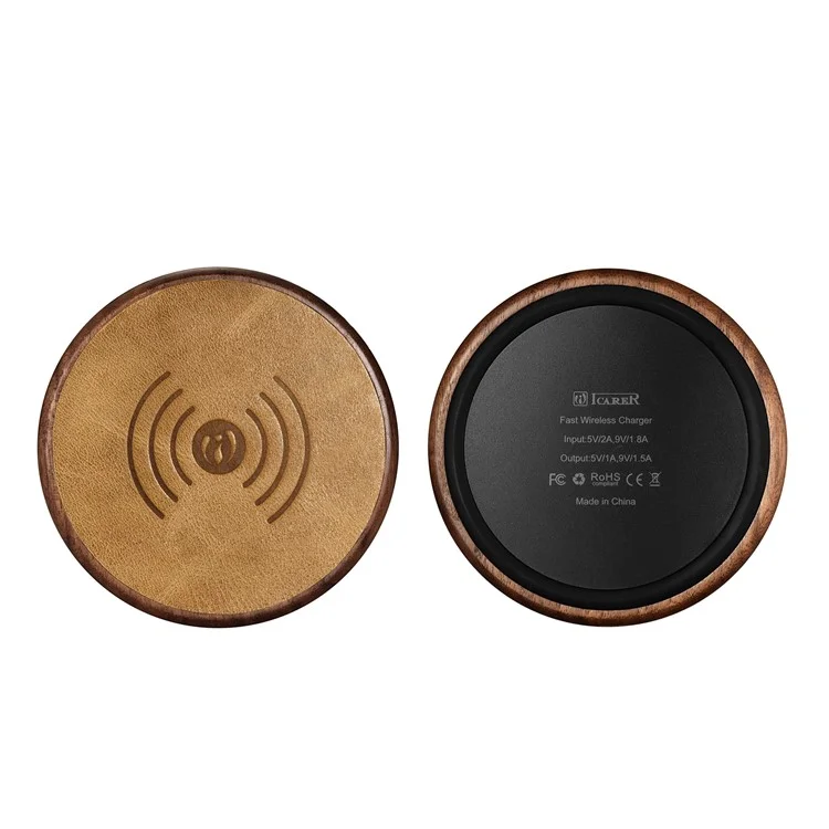ICARER NW170F Genuine Leather Coated Wooden Wireless Charger Support Fast Charge for Samsung Galaxy S7 - Coffee