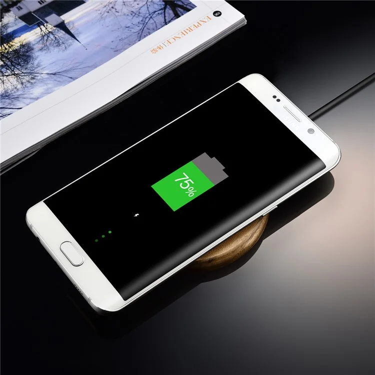 ICARER NW170F Genuine Leather Coated Wooden Wireless Charger Support Fast Charge for Samsung Galaxy S7 - Coffee