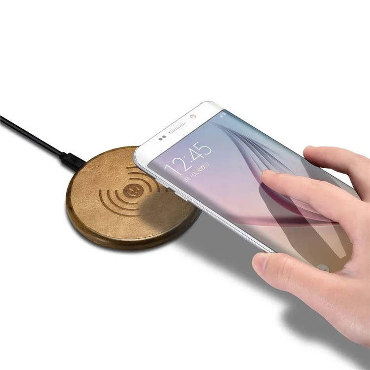 ICARER NW170F Genuine Leather Coated Wooden Wireless Charger Support Fast Charge for Samsung Galaxy S7 - Coffee