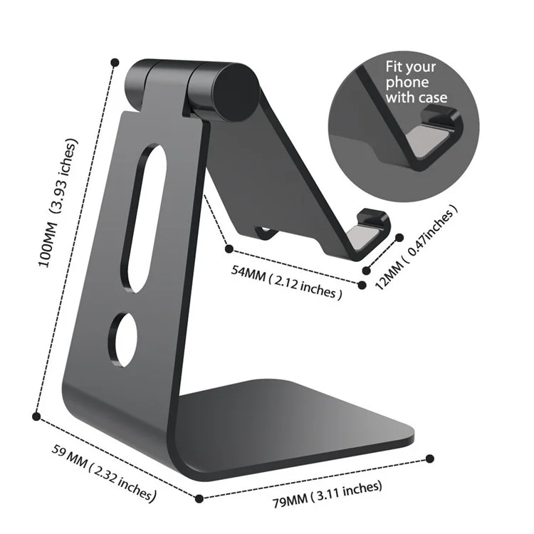 Für 3,5-8 Zoll Telefon-Tablette Tragbar 270 ° Rotierender Faltbarer Aluminium-Stand-Telefonhalter-Halterung - Schwarz