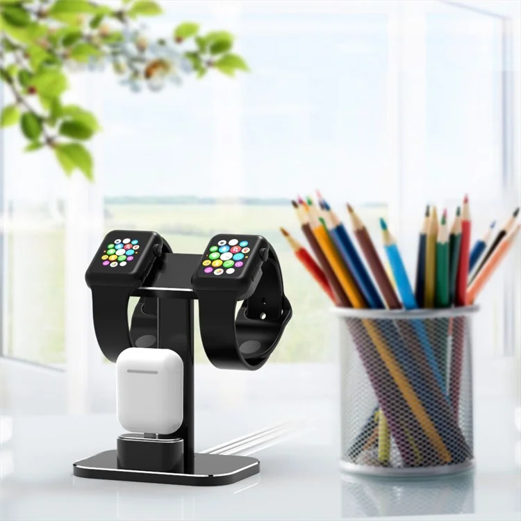 HJZJ003 Aluminum 2 In 1 Airpods Apple Watch Stand Dual Head iWatch Charging Stand Dock Station - Black